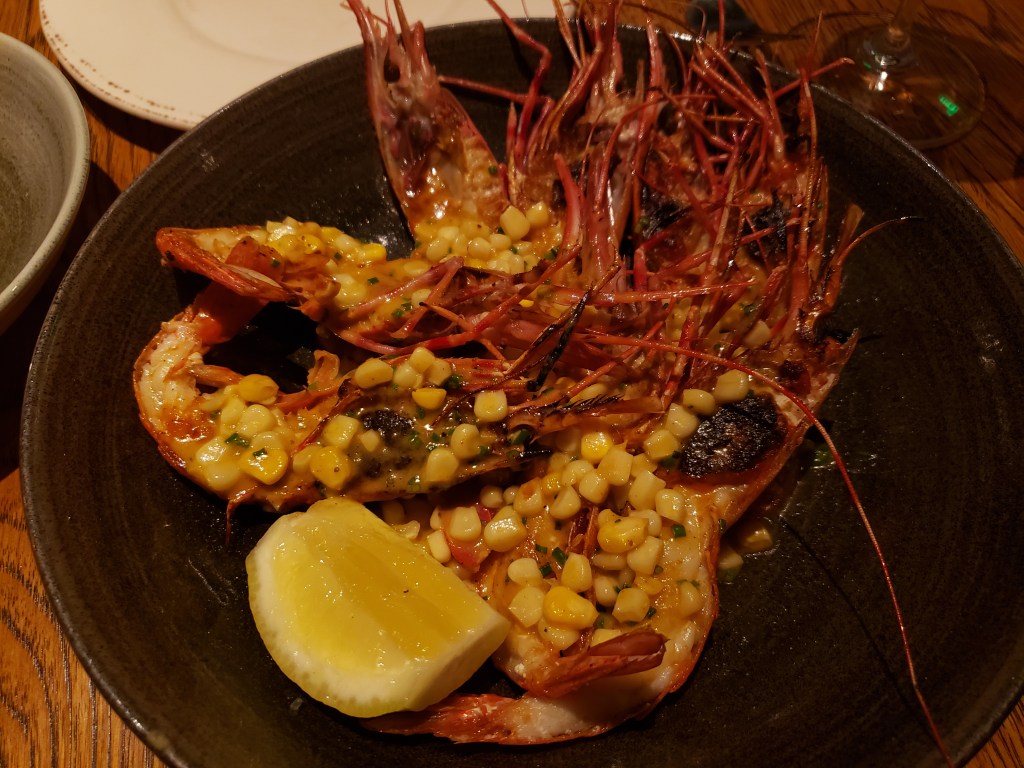 Spot Prawns ~ Corn and Old Bay Butter, Lemon, Chives