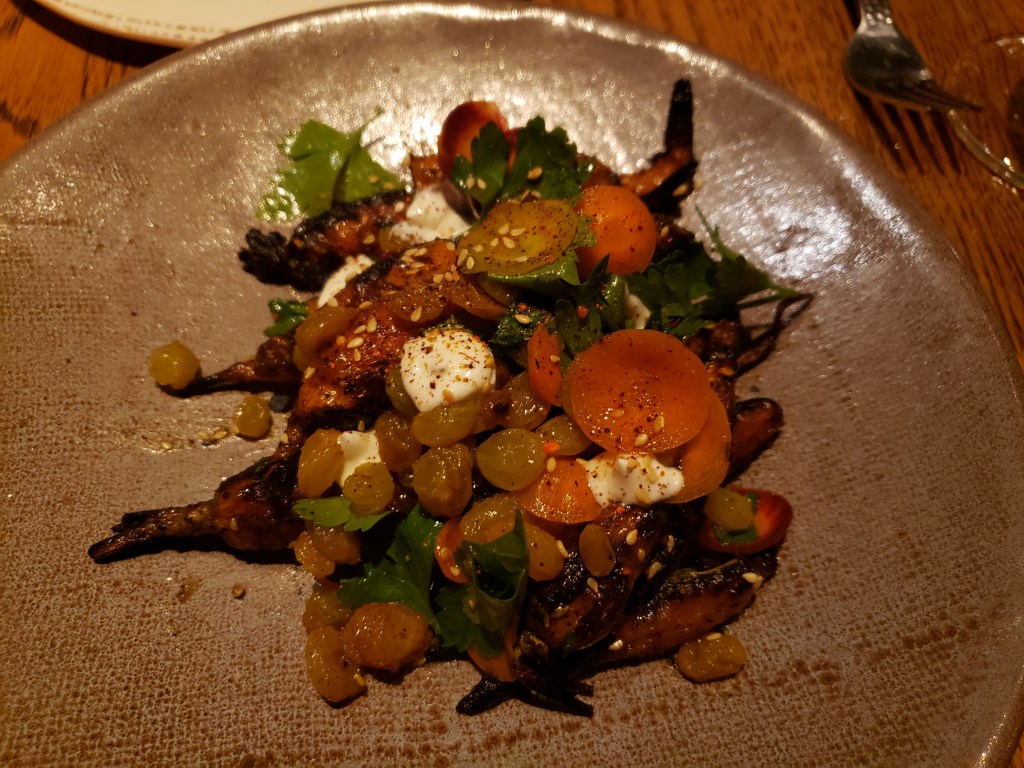BBQ Carrots ~ Mint Yogurt, Golden Raisins, Pickled Carrots, SoCal Za'atar